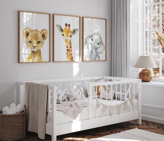 Set d'affiches chambre d'enfant - 3 pièces - 30x40 cm - Animaux Safari - Girafe - Lion - Éléphant - Poster enfant - Chambre de bébé - Cadeau Baby Shower - Décoration murale - Décoration murale