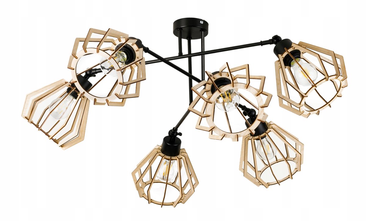 Loft Hanglamp Hout 6xE27 Zwart Verstelbaar