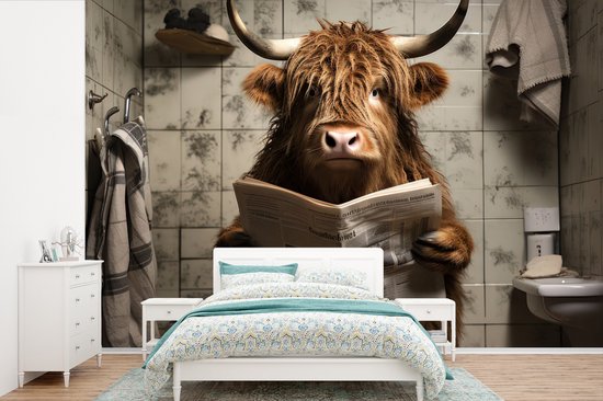 Behang - Fotobehang Schotse hooglander - Toilet - Krant - Badkamer - Breedte 360 cm x hoogte 240 cm