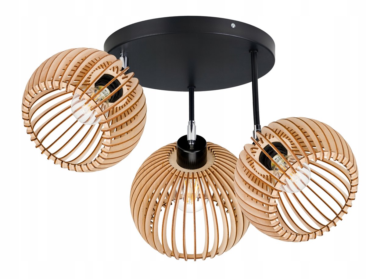 Loft Plafond Lamp 3x E27 met Houten Kappen en Verstelbare Armen