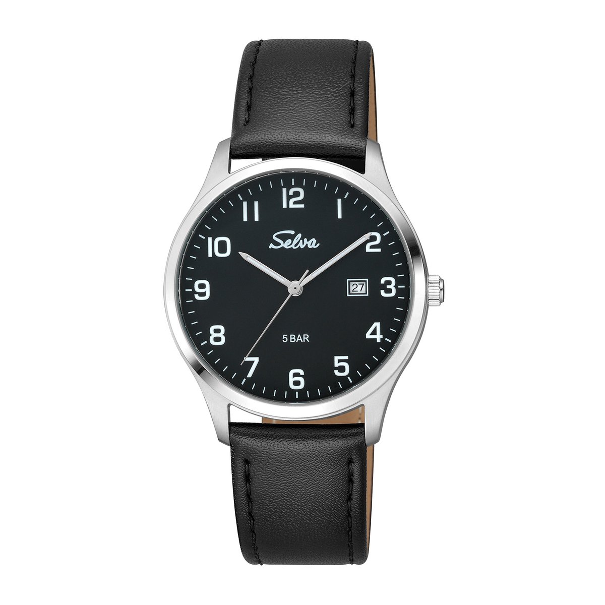 SELVA heren polshorloge, quartz, roestvrijstalen kast, leren band, gesp, 5 bar