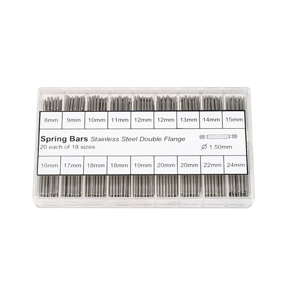 Veerstaaf roestvrij staal wit, Ø 1,5 lengte 8,0 mm-24,0 mm, veerbelaste uiteinden met dubbele flens, 360 stuks