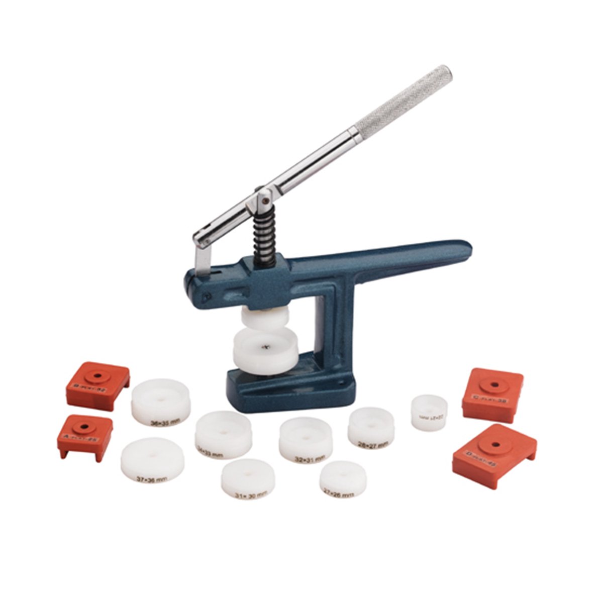 Persgereedschap voor het plaatsen van horlogeglazen en het aandrukken van horlogekasten, met 16 drukstukken