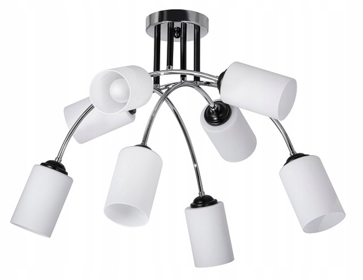 Moderne hanglamp met 8 melkglazen kappen, chroom, voor boven tafel