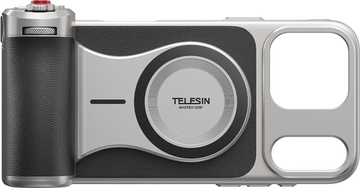 Telesin Master Grip Magnetische Handgreep - Voor iPhone - Inclusief 17 Pro Max hoesje - Dubbele MagSafe voor extra accessoires - Aanpasbare bediening - Statiefbevestiging - Grijs