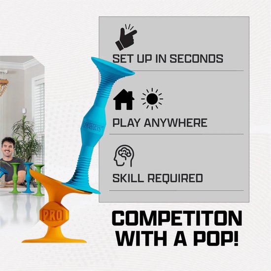 Blauwe en oranje Popdarts pro met tekst 'Skill Required' en een icoon van een brein.