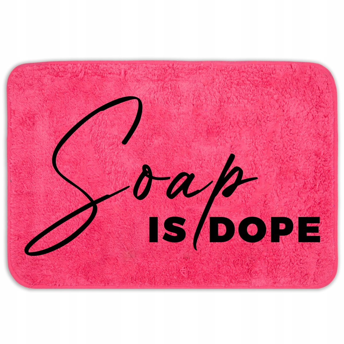 Zachte Antislip Badkamermat 40x60cm - Frambooskleurig met 'Soap IS DOPE' Print