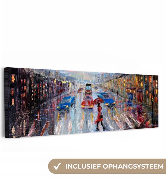 Canvas schilderij 150x50 cm - Wanddecoratie Schilderij - Olieverf - Auto - Zebrapad - Muurdecoratie woonkamer - Slaapkamer decoratie - Kamer accessoires - Schilderijen op canvas