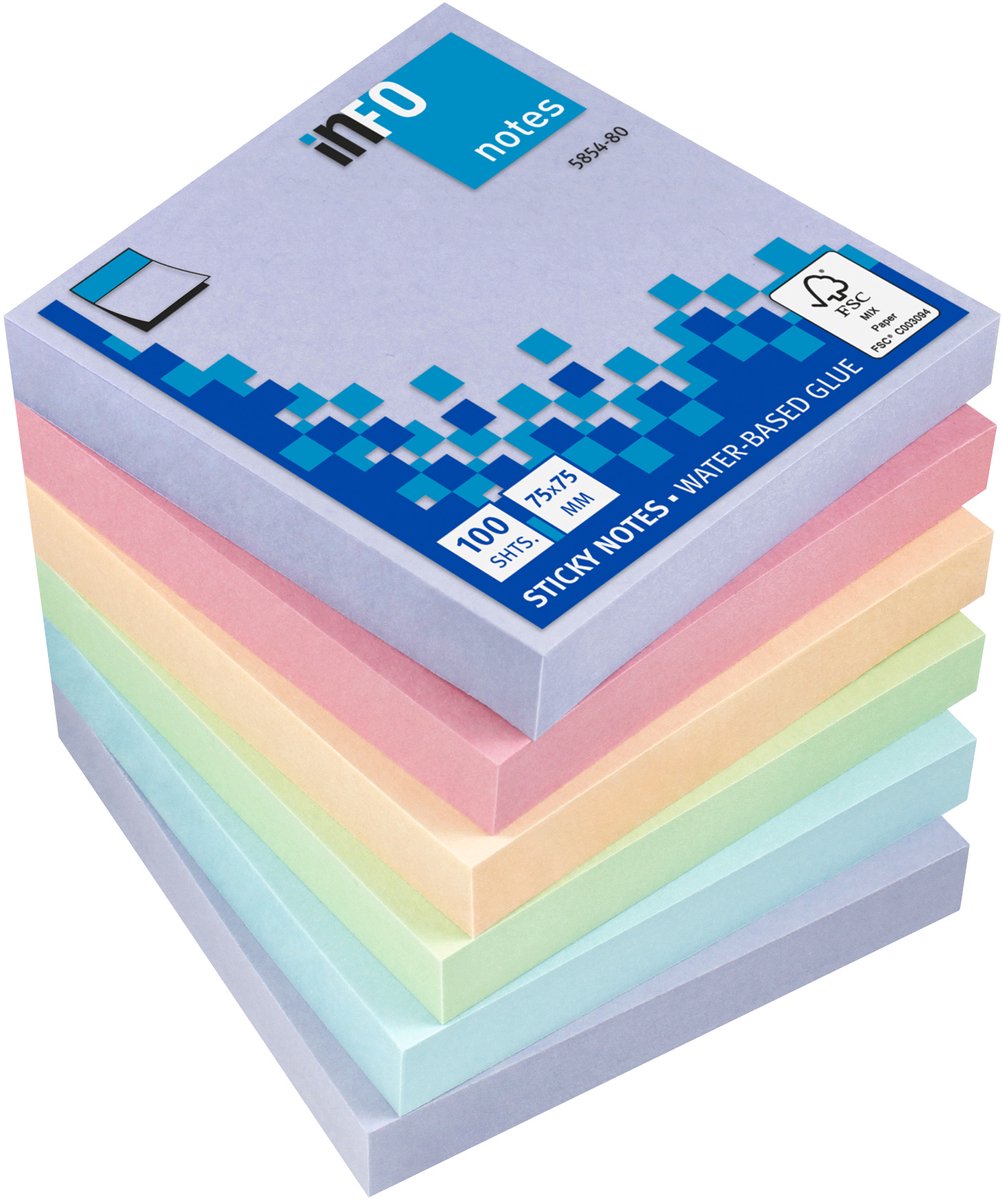 Info sticky notes - Harmony - 6 x 100 vel - 75x75mm - paars, roze, zalm, mint, blauw - IN-5854-80