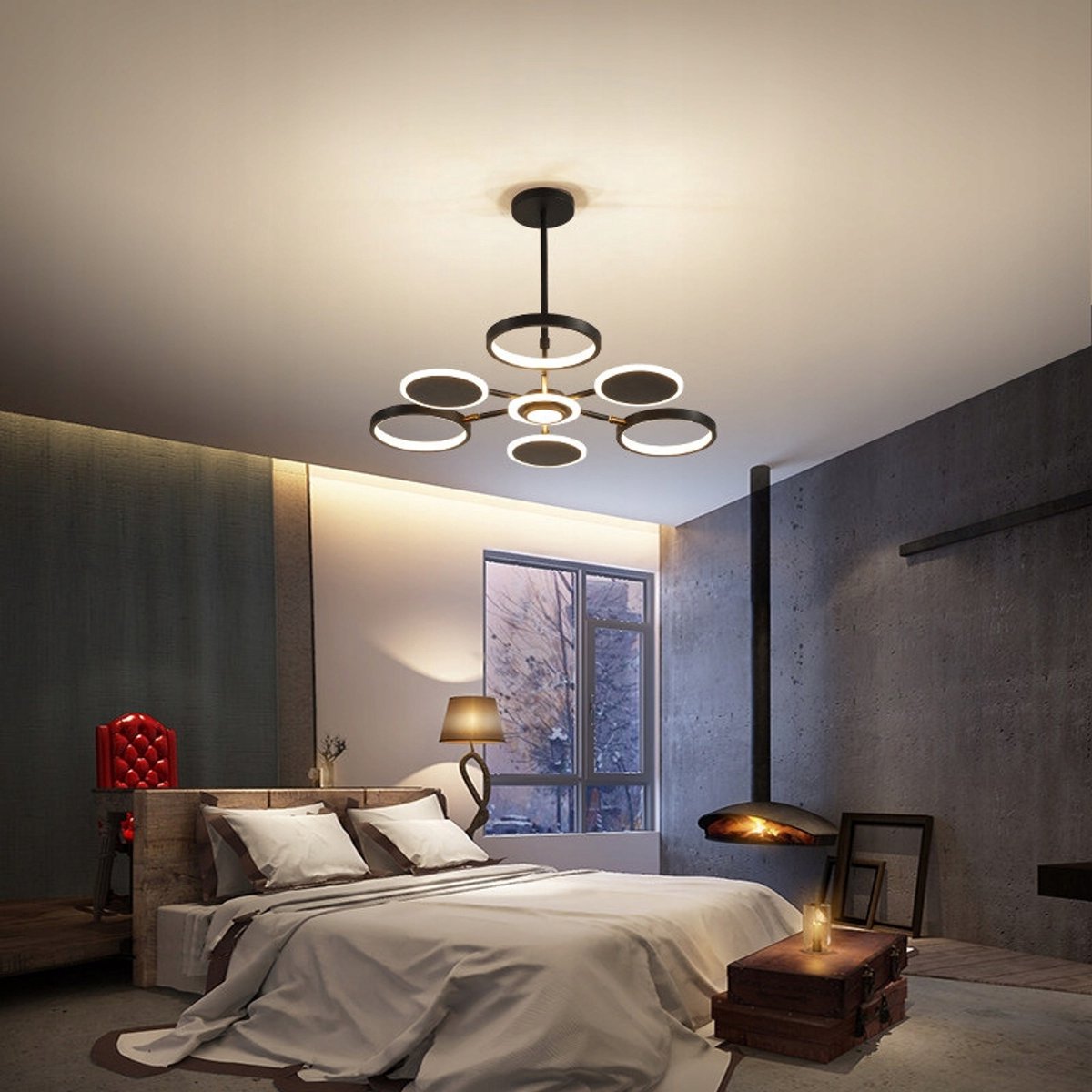 Zwarte Hanglamp met 6 Lichtringen, 47W, 75cm, Afstandsbediening