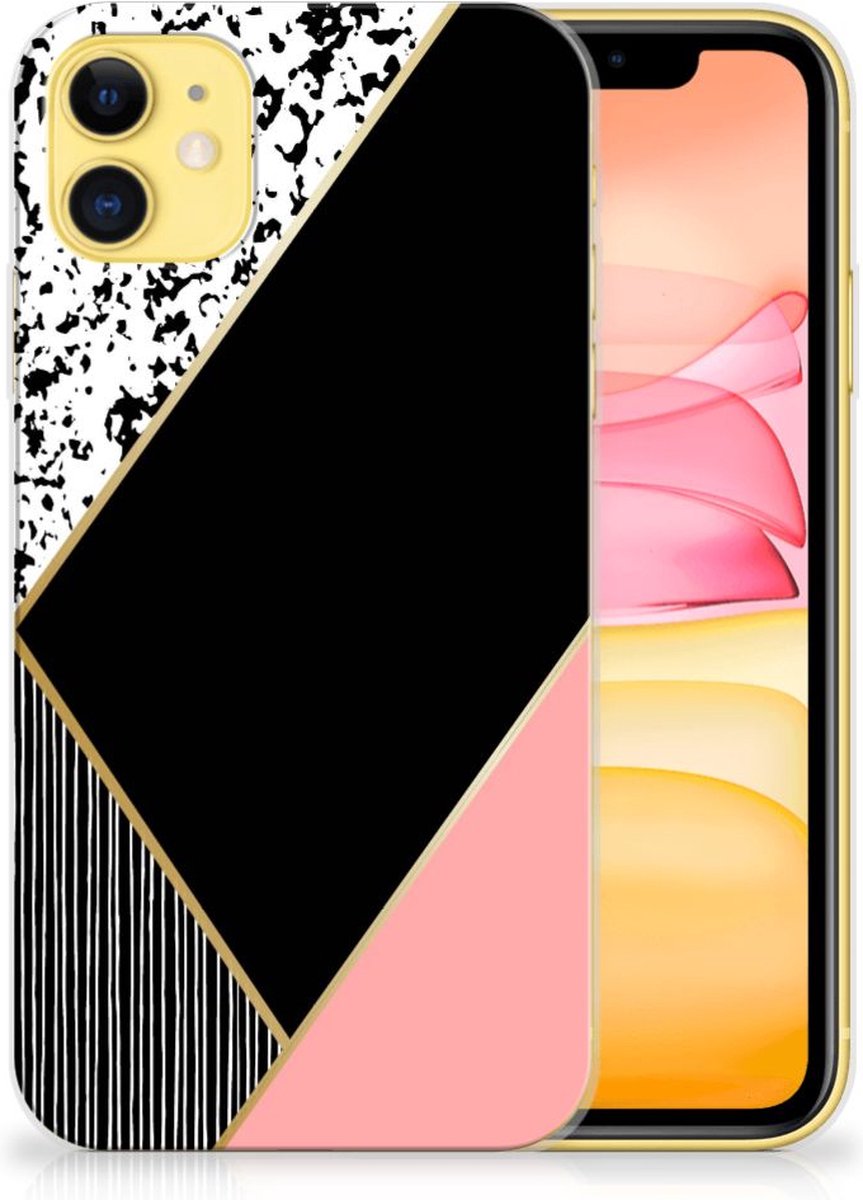 Apple iPhone 11 TPU Hoesje Zwart Roze Vormen