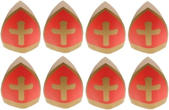 8x Sinterklaas kinder mijter van karton - Sint verkleed mijters voor kinderen 8 stuks