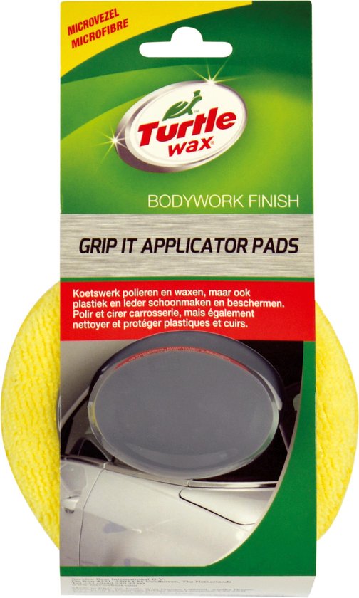 Verpakking Turtle Wax Grip It Applicator Pads met een gele microvezel pad.