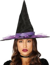 Heksenhoed zwart/paars voor dames - Halloween/horror/carnaval heksen verkleed hoeden