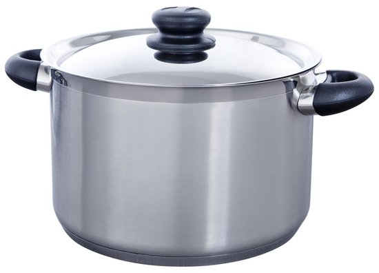 Zilverkleurige kookpan met twee zwarte handvatten en een glazen deksel.