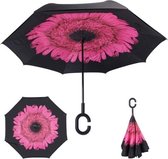 Smartplu - Grote Storm Paraplu - Zwart met Roze Bloem. De omkeerbare innovatieve, ergonomische stormparaplu - 105cm -12288-G