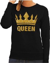 Zwarte Queen gouden glitter kroon sweater dames L