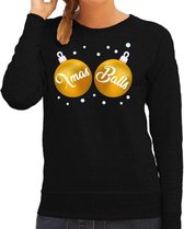 Foute kersttrui / sweater zwart met gouden Xmas Balls borsten voor dames - kerstkleding / christmas outfit XS (34)