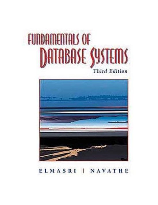 Boek "Fundamentals of Database Systems" derde editie, met abstracte blauwe en bruine afbeelding.