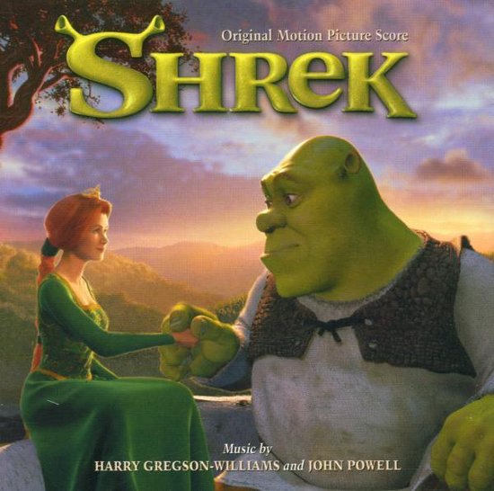Shrek en Fiona zitten hand in hand, met de titel 'Shrek Original Motion Picture Score' en muziek van Harry Gregson-Williams en John Powell.