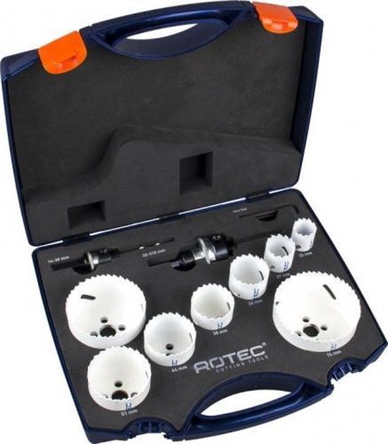 Donkerblauwe koffer met Rotec 'Quick-Lock' gatzagenset. 10 stuks, maten in mm duidelijk aangegeven.