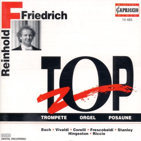 CD-hoes met Reinhold Friedrich, "TOP" in grote letters, met de tekst "Trompete Orgel Posaune"