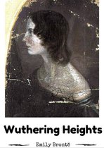 Schilderij van een vrouw in profiel met de tekst Wuthering Heights Emily Brontë.