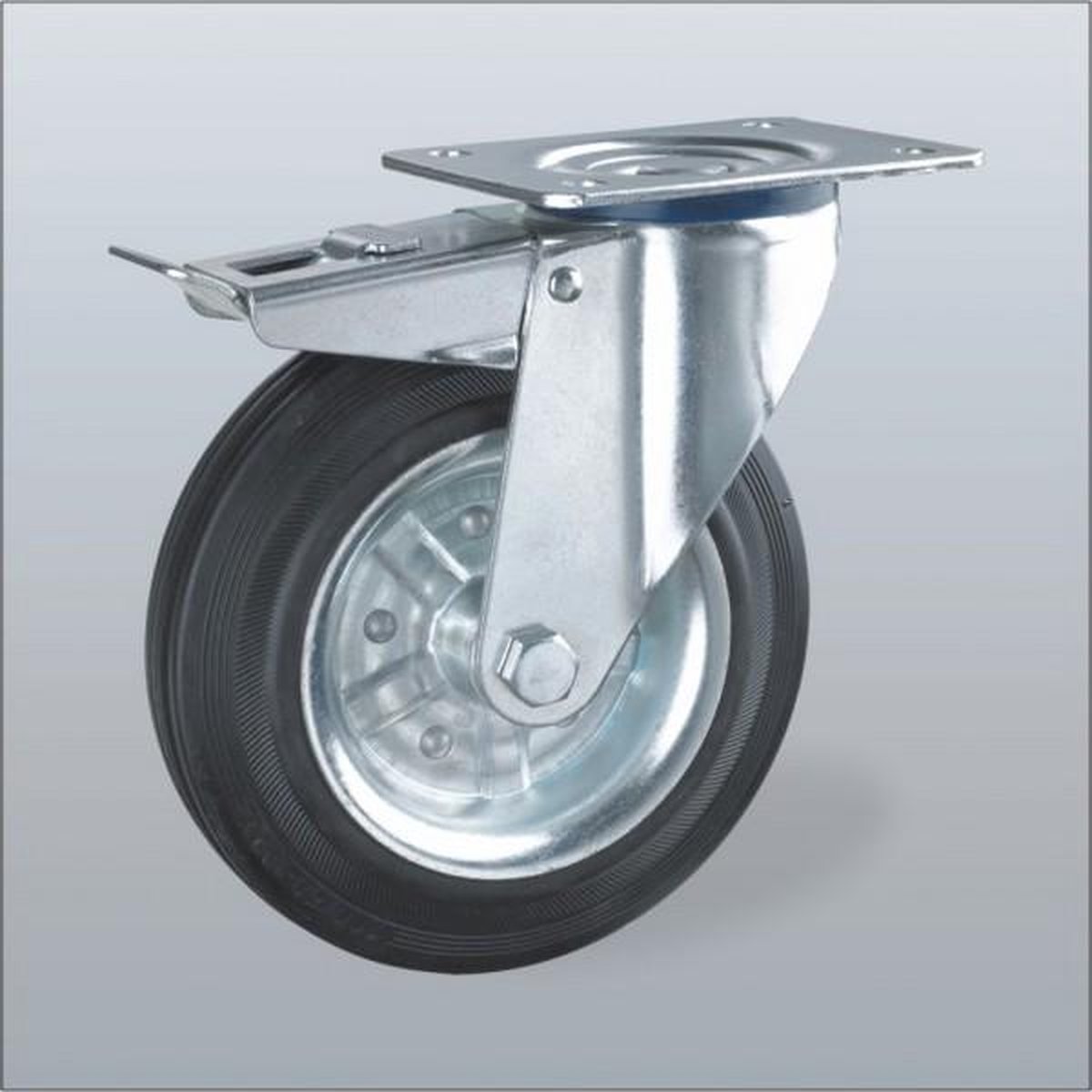Rubber zwenkwiel geremd met topplaat - 200mm - 180kg