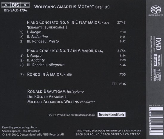 CD hoes met tracklist van Mozart's pianoconcerten, Ronald Brautigam, Die Kölner Akademie, Michael Alexander Willens.