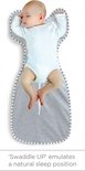 Baby slaapt in grijze Swaddle UP slaapzak, met witte body en gestreepte randen, op witte achtergrond.