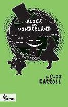 Boekomslag Alice in Wonderland met silhouetten van Alice, de hoedenmaker en de Witte Konijn op een groene achtergrond.