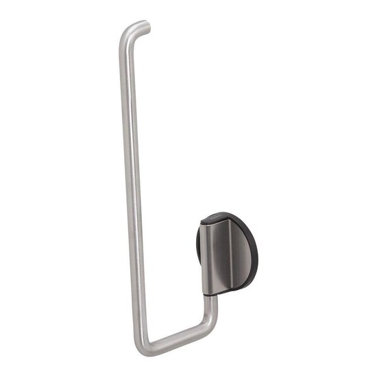 Un porte-rouleau de papier toilette en acier inoxydable brossé avec un accent noir, courbé vers le haut.