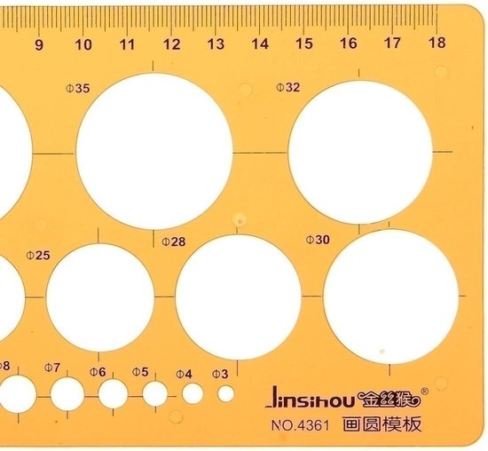 Oranje cirkelsjabloon met maten 3 tot 35 mm, inclusief liniaal van 18 cm. Jinsihou NO.4361.