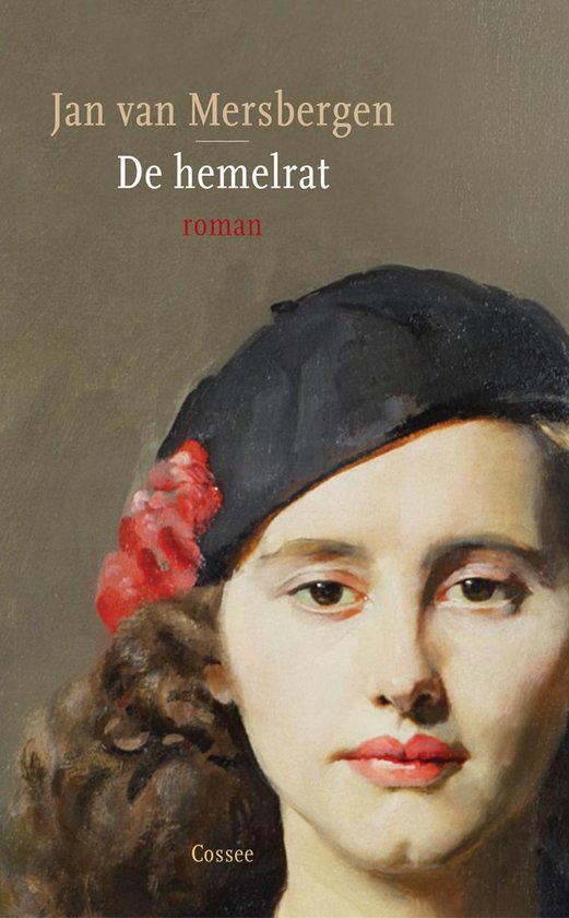 Boek 'De hemelrat' van Jan van Mersbergen, roman. Portret van een vrouw met zwarte baret en rode bloem.