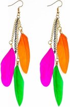 Fako Bijoux® - Oorbellen - Veren - Oranje/Fuchsia/Groen