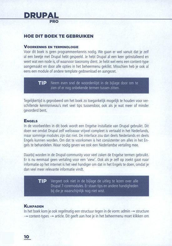 Pagina uit een boek over Drupal Pro met "Hoe hoort dit boek te gebruiken", met secties over voorkennis, tips, Engels, en klikpaden.