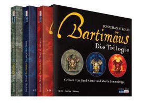 De Bartimäus Trilogie audioboek, set van 3 cd's met verschillende illustraties op de ruggen en voorkant.