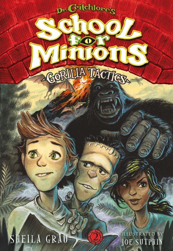 Boekcover met drie kinderen en een gorilla. Twee jongens en een meisje vooraan. Achter hen een grote gorilla. Titel: Dr. Critchlore's School for Minions Gorilla Tactics.
