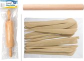Boetseerroller - Creall modelling stick - 25cm breed + Klei Spatels - Creall-spatulas - 14 Stuks  + Klei Roller - Creall-clay roller - Gelakt Hout