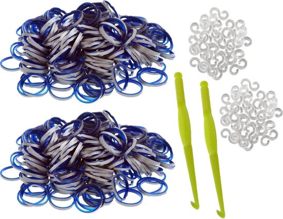 600 Loom Bands avec 2 crochets de tissage et clips en S gris & bleu