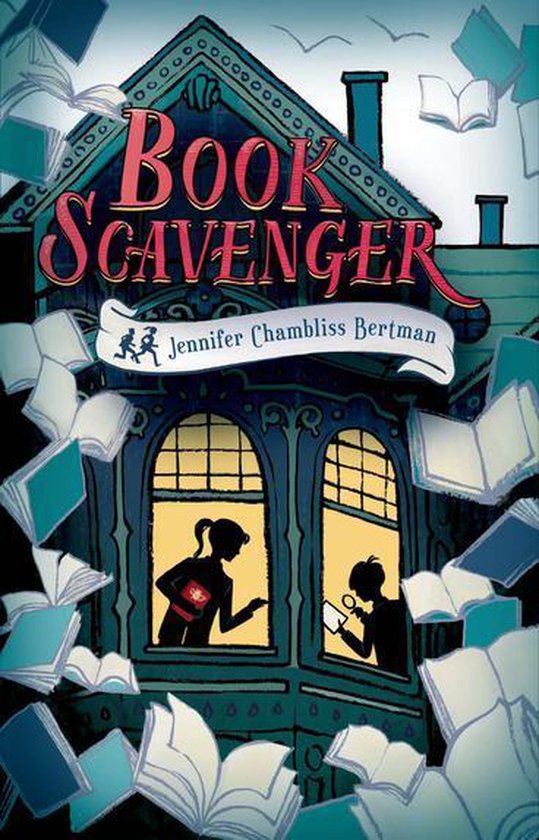 Boekcover van 'Book Scavenger' met een huis, twee kinderen in een raam en zwevende boeken.