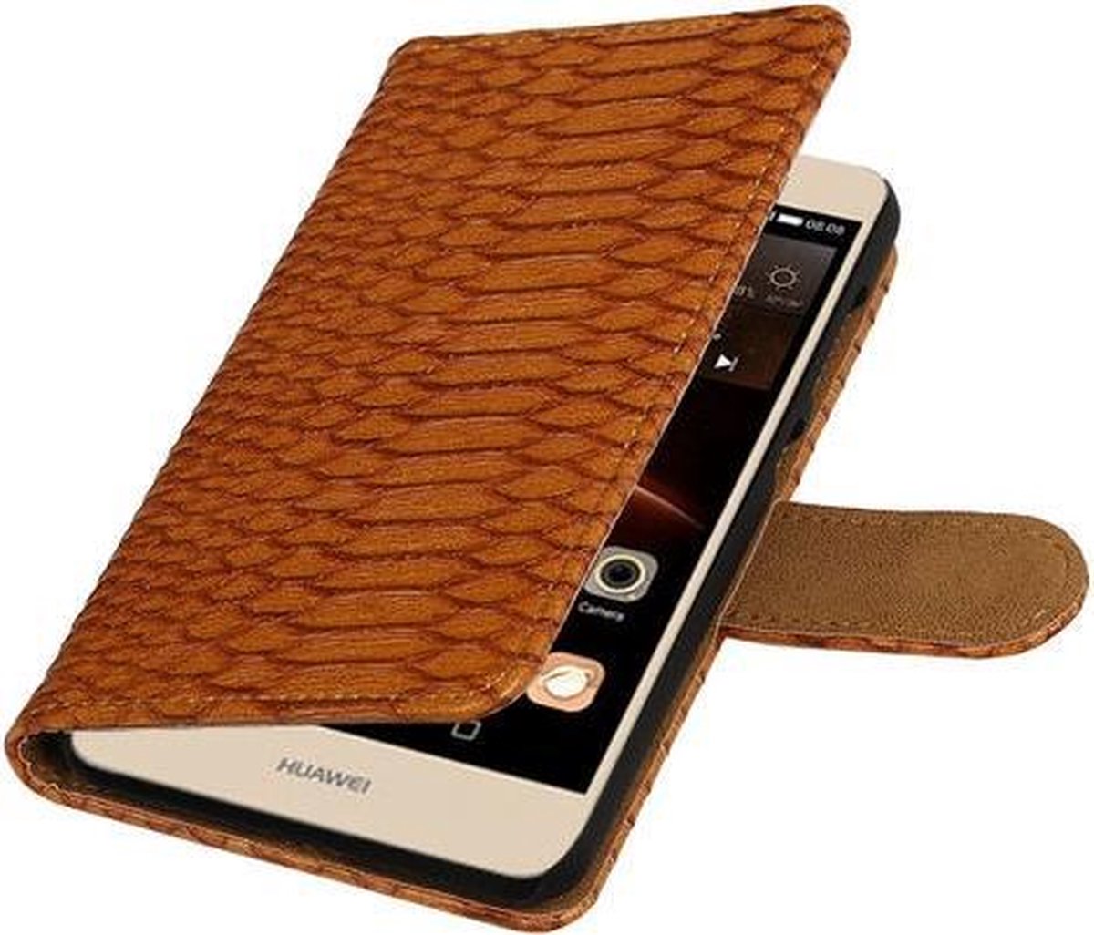 Bruin Slang booktype wallet cover hoesje voor Huawei Y6 II Compact