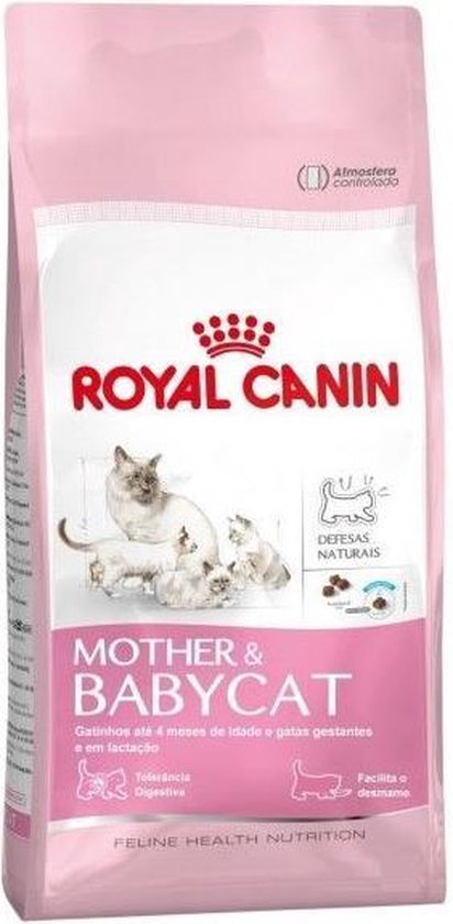 Roze verpakking Royal Canin Mother & Babycat kattenvoer met afbeelding van een moederskat met kittens.