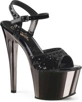 Pleaser Sandaal met enkelband, Paaldans schoenen -39 Shoes- SKY-310SQ Paaldans schoenen Zwart/Zilverkleurig