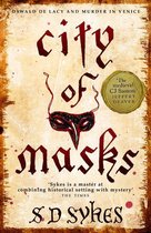 Boek 'City of Masks' met een Venetiaans masker en de tekst 'Oswald de Lacy and Murder in Venice'.