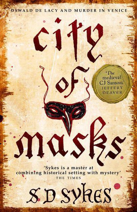 Boek 'City of Masks' met een Venetiaans masker en de tekst 'Oswald de Lacy and Murder in Venice'.