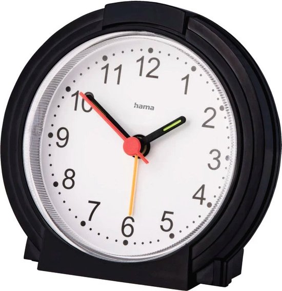 Hama Classic wekker - Reiswekker - Analoge wekker - Stille klok - Fluorescerende uren- en minutenwijzer - 9,5x3,8x9,5 cm - Incl. batterij - Zwart