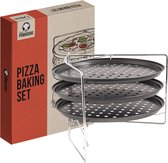 Pizzaplaat - Ronde pizzaplaat - Pizzaplaat - Set van 3 - Geperforeerde pizzapan met antiaanbaklaag van koolstofstaal, ronde pizzaplaat van 28 cm.