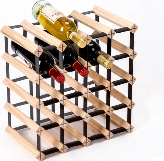 Houten wijnrek met zwart metalen frame, met 4 wijnflessen.