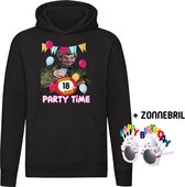 Party time 18 jaar Hoodie + Happy birthday bril - feest - verjaardag - jarig - 18e verjaardag - grappig - unisex - trui - sweater - capuchon